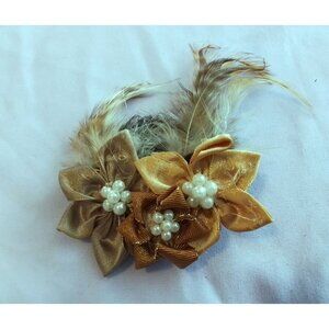 Vintage Floral Hair Clip Barrette With Feathers & Faux Pearls